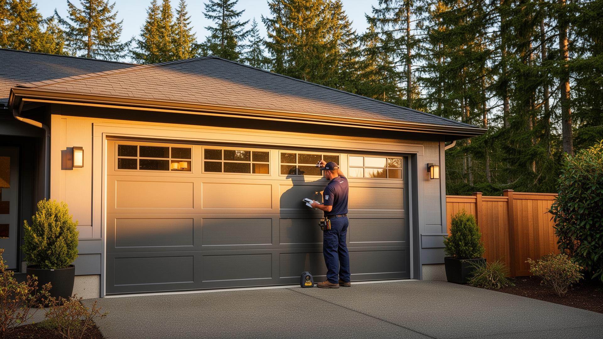Professional garage door technician installing a modern fiberglass garage door in Bremerton WA